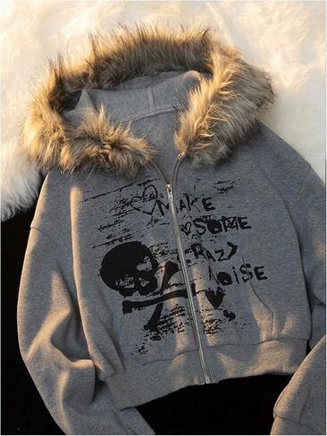 SHENHE Women's Faux Fur Zip Up Hoodie Skeleton Graphic Cropped Hoodie Jacket Sweatshirt in Saudi Arabia