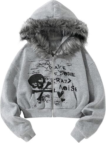 SHENHE Women's Faux Fur Zip Up Hoodie Skeleton Graphic Cropped Hoodie Jacket Sweatshirt in Saudi Arabia