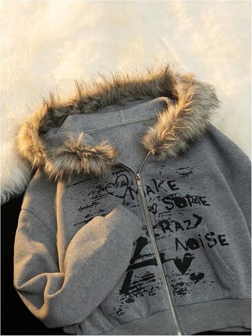 SHENHE Women's Faux Fur Zip Up Hoodie Skeleton Graphic Cropped Hoodie Jacket Sweatshirt in Saudi Arabia