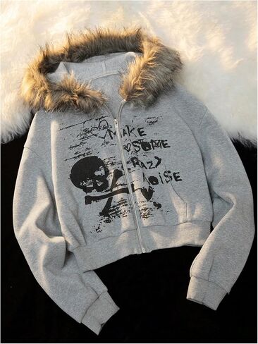 SHENHE Women's Faux Fur Zip Up Hoodie Skeleton Graphic Cropped Hoodie Jacket Sweatshirt in Saudi Arabia