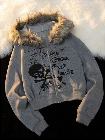 SHENHE Women's Faux Fur Zip Up Hoodie Skeleton Graphic Cropped Hoodie Jacket Sweatshirt in Saudi Arabia