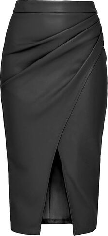 Women's Faux Leather Midi Skirt High Waisted Front Slit Zip Back Ruched Bodycon Fall Club Long Skirts in Saudi Arabia