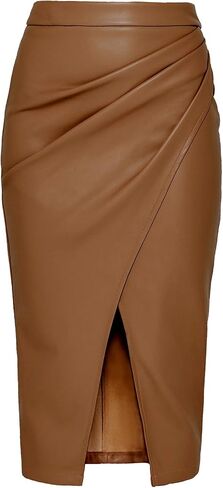 Women's Faux Leather Midi Skirt High Waisted Front Slit Zip Back Ruched Bodycon Fall Club Long Skirts in Saudi Arabia