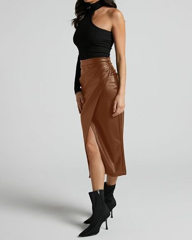 Women's Faux Leather Midi Skirt High Waisted Front Slit Zip Back Ruched Bodycon Fall Club Long Skirts in Saudi Arabia