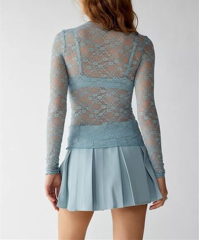 Lace Long Sleeve Tops for Women - Sexy Sheer Mock Neck Slim Fit Y2K Going Out Shirts in Kuwait