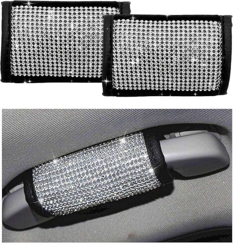 2 PCS Car Grab Handle Cover, Interior Car Grab Handle Protector, Rhinestone Door Handle Cover, Bling Bling Seat Belt Covers for Women Girls (Black Diamond) in Kuwait