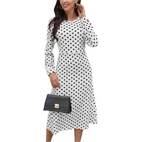 MakeMeChic Women's Polka Dots Dress Long Sleeve High Waist A Line Midi Dresses