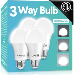 3 Way LED Light Bulbs Daylight White 5000K,30 70 100W Equivalent 3 Way Light Bulbs, A19 E26 Medium BaseThree Way Light Bulbs,Perfect for Indoor LED Bulb(4 Pack)