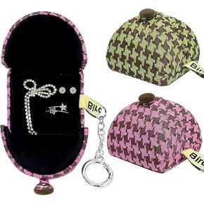BirdNest Travel Jewelry Ring Box with Keychain,Houndstooth Portable Jewelry Case,Mini Jewelry Organizer Holder for Rings,Earrings,Bracelet,Headset (2-PACK)