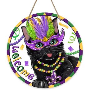 Deroro Welcome Mardi Gras Black Cat Front Door Sign, Mask New Orleans Carnival Wood Door Hanger Outdoor Outside Porch Decor, Masquerade Wooden Wreath Indoor Wall Hanging Decoration Pet Lover Gift