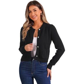 Allegra K Button Down Cardigan for Women's with Pockets Crew Neck Knit Cardigan Sweater