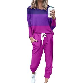 Womens Pajamas Set 2 Piece Sweatsuits Crewneck Pullover Color Block Tops And Sweatpants Outfits Jogger Set