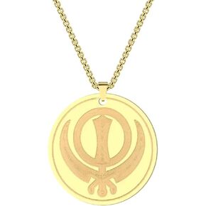 Sikhism Symbol Necklace Sikh Khanda Round Pendant Stainless Steel Gold Plated Necklace for Women and Men