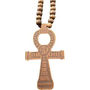 ShopHaven Egyptian Cross Ankh Necklace, Natural Wood Ankh Pendant Necklace, African Necklace, Afrocentric Accessory, Wooden Beaded Chain Necklace