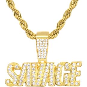 Iced Gold Plated GOAT Sign Words SAVAGE Pendant 20" Rope Chain HC 1195 G