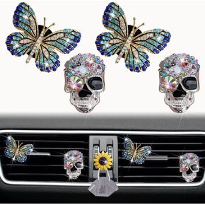 4 Pcs Blue Butterfly & Skull Air Vent Clips, Bling Skeleton Car Air Fresheners Vents Clips Diamond Funny Car Interior Decor Cute Car Accessories Car Decoration for Women + Sunflower Mask Hook