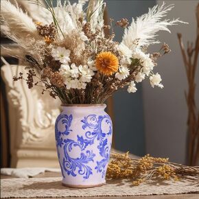 Rustic Farmhouse Green Floral Vase, 7.9in Vintage Ice-Cracked Ceramic Pottery Vase, Chinoiserie Decor Vase for Home, Kitchen, Bedroom, Living Room, Office, Bathroom, Shelf & Table Centerpiece Decor