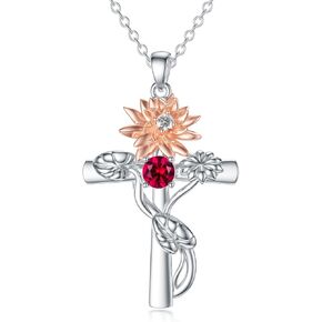 TOUPOP Cross Necklace 925 Sterling Silver Birth Flower Necklace Religious Pendant Faith Christian Jewelry Birthday Christmas Gifts for Women Mom Wife Grandma