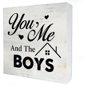You Me and the Boys Wooden Box Sign with Saying Desk Decor 5 x 5 Inch Boy Mom Box Sign Wood Plaque Block Sign Rustic Home Decor Mother's Day Gift