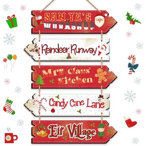 Roowest Christmas Wooden Hanging Sign Santa's Workshop Decorations Rustic Directional Arrow Sign Gingerbread Signs Red Santa's Workshop Sign Wall Decoration for Home Outdoor Indoor Porch Kitchen Yard