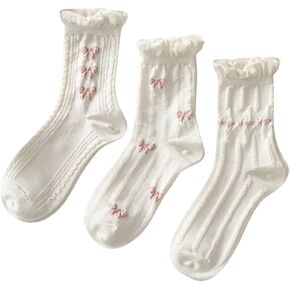 SHENHE Women's 3 Pairs Knitted Crew Socks Ruffle Frilly Bow Patterned Soft Ankle Socks