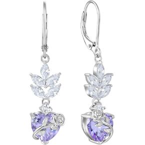 Love Heart Dangle Drop Earrings for Women, 925 Sterling Silver Rose Flower Birthstones Earrings Leverback Jewelry
