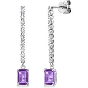 Gem Stone King 14K White Gold Gemstone Birthstone and White Lab Grown Diamond Long Liner Dangle Earrings for Women | Emerald Cut 6X4MM | White Gold Chain Drop Earrings