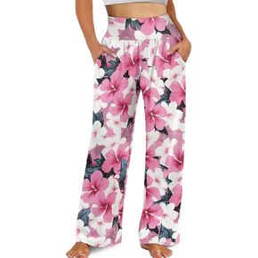 Wide Leg Pants for Women Summer 2024 Palazzo Tropical Floral Casual High Waist Trousers with Pockets S-3XL
