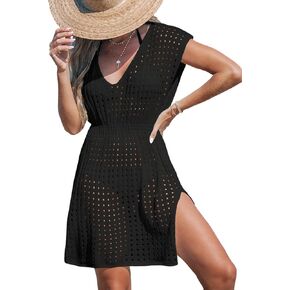 CUPSHE Womens Crochet Swimsuit Coverup Short Sleeve V Neck Mesh Mini Dress Split Casual Knit Beach Cover Ups