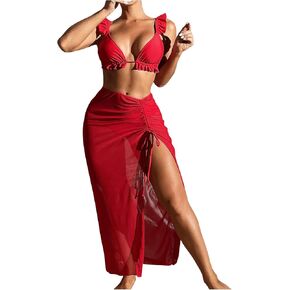 Women's 3 Piece Swimsuit Sets Tie Back Ruffle Bikini Triangle Bathing Suit with Split Beach Skirts