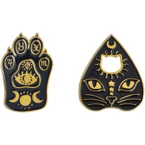 2 Pcs/Set Gothic Black Cat Pet Paw Brooch Enamel Witch Magic Cat Mystical Footprints Triple Moon Star Goddess Brooches Pin Sets Badges for Women Jewelry