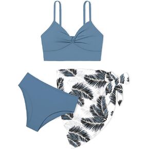 MIGU Girls Swimsuit Bathing Suit Solid Color Twist Cross Tropical Floral 3 Piece Girls' Swimwear Bikini with Cover Up 9-16T