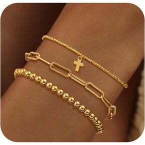 Gold Beaded Bracelets for Women, Dainty 14k Gold Plated Bracelet Stack Charm Stackable Bracelets Waterproof Adjustable Bracelet Sets Non Tarnish Jewelry Accessories for Women Christmas Gifts