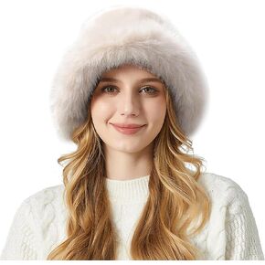 Peicees Fuzzy Bucket Hat for Women Winter Fur Hat Russian Ushanka Ladies Fluffy Snow Hat Furry Fisherman Cap Oversized Cute
