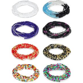 Sureio 8 Pieces 50 Inch Handmade Waist Beads African Belly Beads Chain Plus Size Belly Body Beads for Women Colorful Waist Jewelry Accessories