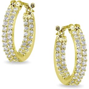 Sterling Silver 3mm Inside Out Two Row Cubic Zirconia Round Hoop Earrings, Options Available