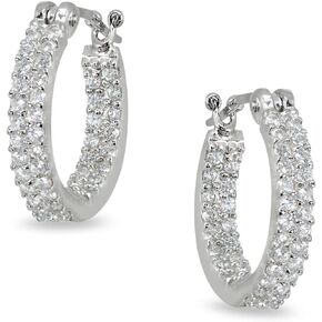 Sterling Silver 3mm Inside Out Two Row Cubic Zirconia Round Hoop Earrings, Options Available in Kuwait