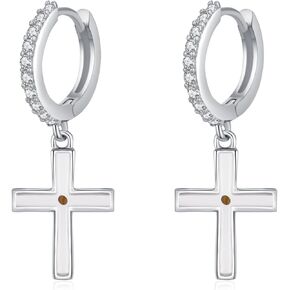 Cross Earrings 925 Sterling Silver Small Black/Silver Huggie Hoops Dangle Earrings Christian Jewelry Gifts for Women Men