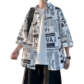 Hong Kong Style Japanese Style Versatile Printed Shirt, Men's Short Sleeved Loose Trendy Oversized top, Handsome