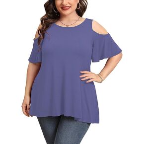 AusLook Plus Size Tunic Tops for Women Short Sleeve Clothes Cold Shoulder Clothing Crewneck Summer Maternity Shirts M-5X
