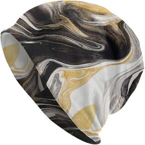 Abstract Black and Gold Swirl Liquid Ink Marble Slouchy Beanie Hat for Men/Women Hip-Hop Soft Lightweight Running Headwear Cap Baggy Skull Sleep Scarf Thin Knit Hat