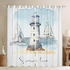 Nautical Blackout Curtains Sailboat Lighthouse Curtains & Drapes Watercolor Ocean Themed Curtains 76Wx45L Summer Beach Window Treatments Decoratives Sea Adventure Bedroom Decor, Luxury White Blue