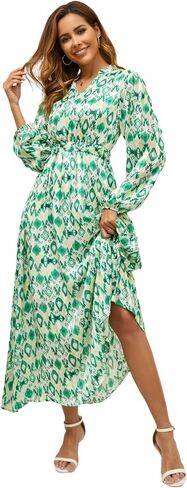 Women's Fall Long Sleeve V-Neck Dress Stretchy Tie Waist Printed Maxi Dress Casual Boho A line Long Dresses in Saudi Arabia
