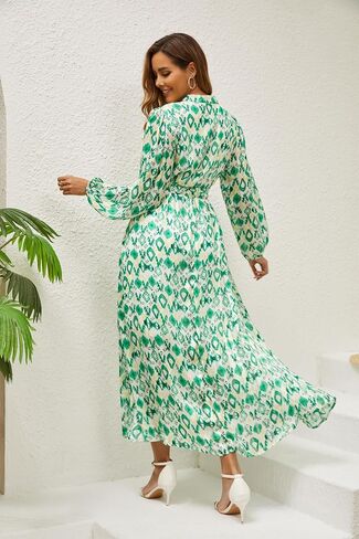 Women's Fall Long Sleeve V-Neck Dress Stretchy Tie Waist Printed Maxi Dress Casual Boho A line Long Dresses in Saudi Arabia