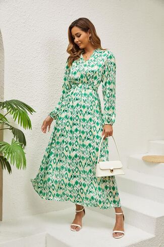 Women's Fall Long Sleeve V-Neck Dress Stretchy Tie Waist Printed Maxi Dress Casual Boho A line Long Dresses in Saudi Arabia
