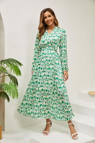 Women's Fall Long Sleeve V-Neck Dress Stretchy Tie Waist Printed Maxi Dress Casual Boho A line Long Dresses in Saudi Arabia