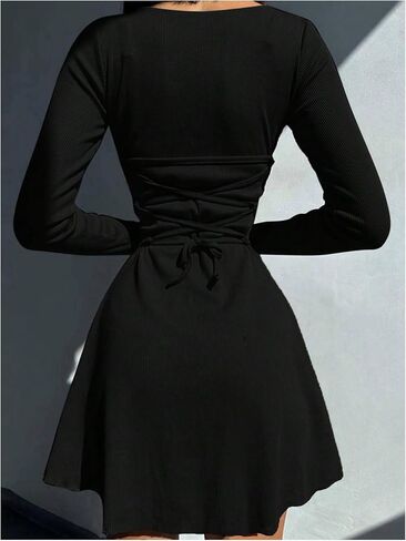 MakeMeChic Women's Rib Knitted Tie Back Tee Dress Round Neck Long Sleeve Short Mini Dresses in Saudi Arabia