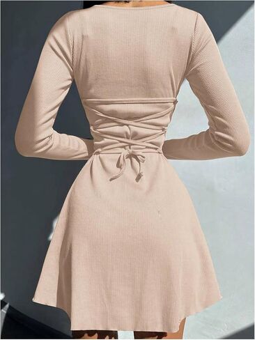MakeMeChic Women's Rib Knitted Tie Back Tee Dress Round Neck Long Sleeve Short Mini Dresses in Saudi Arabia