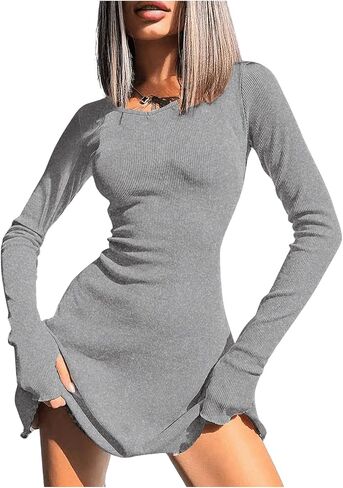 MakeMeChic Women's Rib Knitted Tie Back Tee Dress Round Neck Long Sleeve Short Mini Dresses in Saudi Arabia