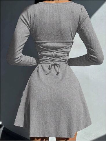 MakeMeChic Women's Rib Knitted Tie Back Tee Dress Round Neck Long Sleeve Short Mini Dresses in Saudi Arabia